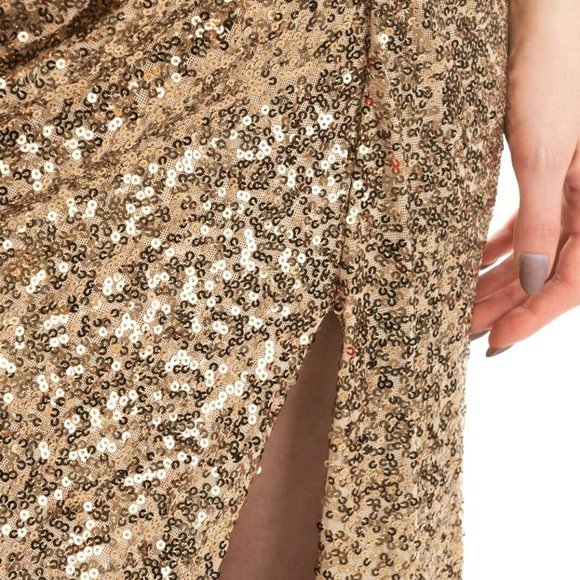 $899 NWT Badgley Mischka Gold Sequins Maxi Gown 14 - Picture 8 of 13